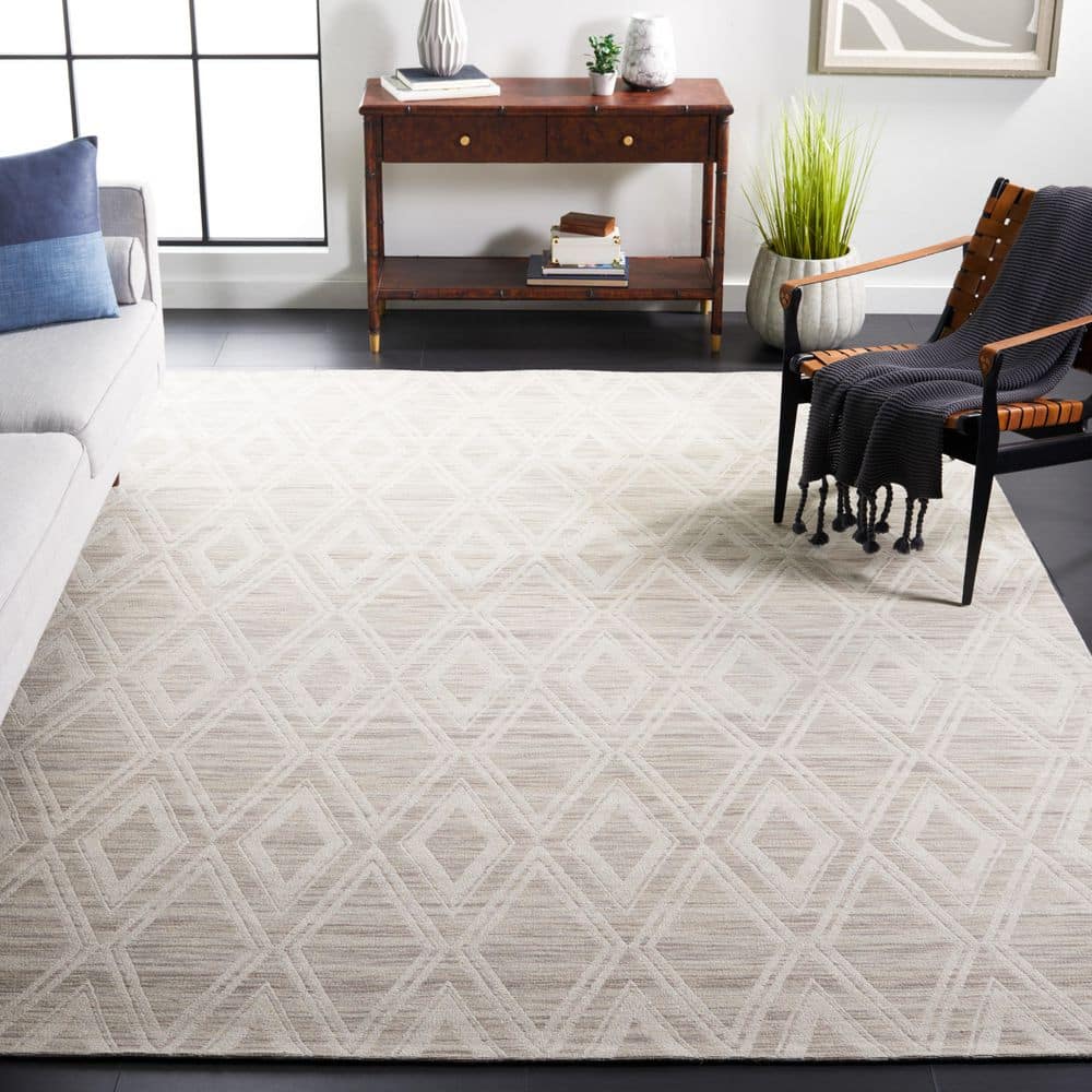 Ivory and Light Brown Geometric Wool Area Rug, 10' x 14'