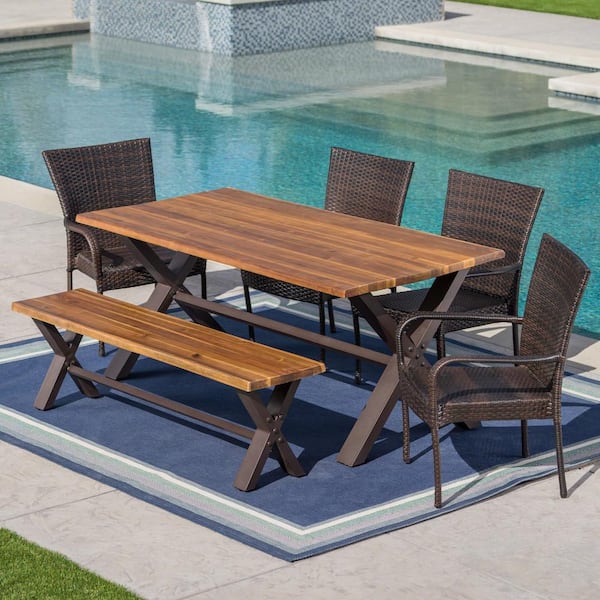 Noble House Teak Brown 6-Piece Faux Rattan, Wood and Iron Rectangular Outdoor Dining Set