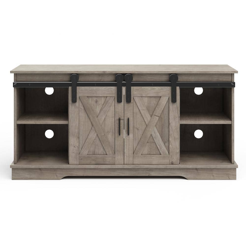 Gray Woodgrain 65-inch TV Stand with Cabinets and Metal Hardware