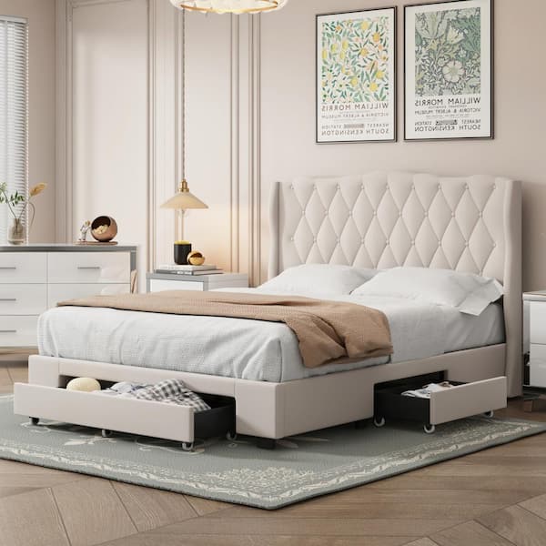 Harper & Bright Designs Beige Wood Frame Queen Size Velvet Upholstered Platform Bed with Tufted Headboard and 3-Drawers