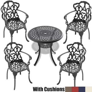 Black 5-Piece Cast Aluminum Outdoor Dining Set, Patio Furniture with Umbrella Hole and Random Color Cushions