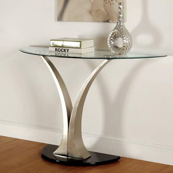 Furniture of America Fransua 46 in. Satin Plated and Black Half-Moon Glass Console Table
