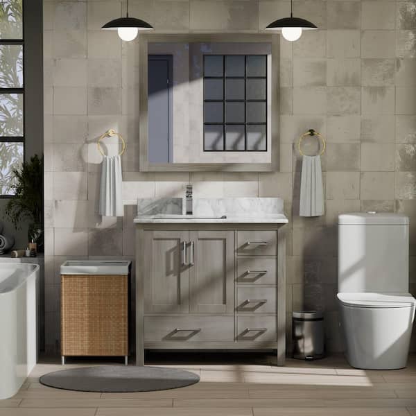 Jacques 36 in. W x 22 in. D Left Offset Distressed Grey Bath Vanity, Carrara Marble Top, and 34 in. Mirror