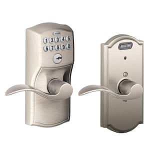 Camelot Series Satin Nickel Keypad Entry Door handle with Accent Interior Built-In Alarm