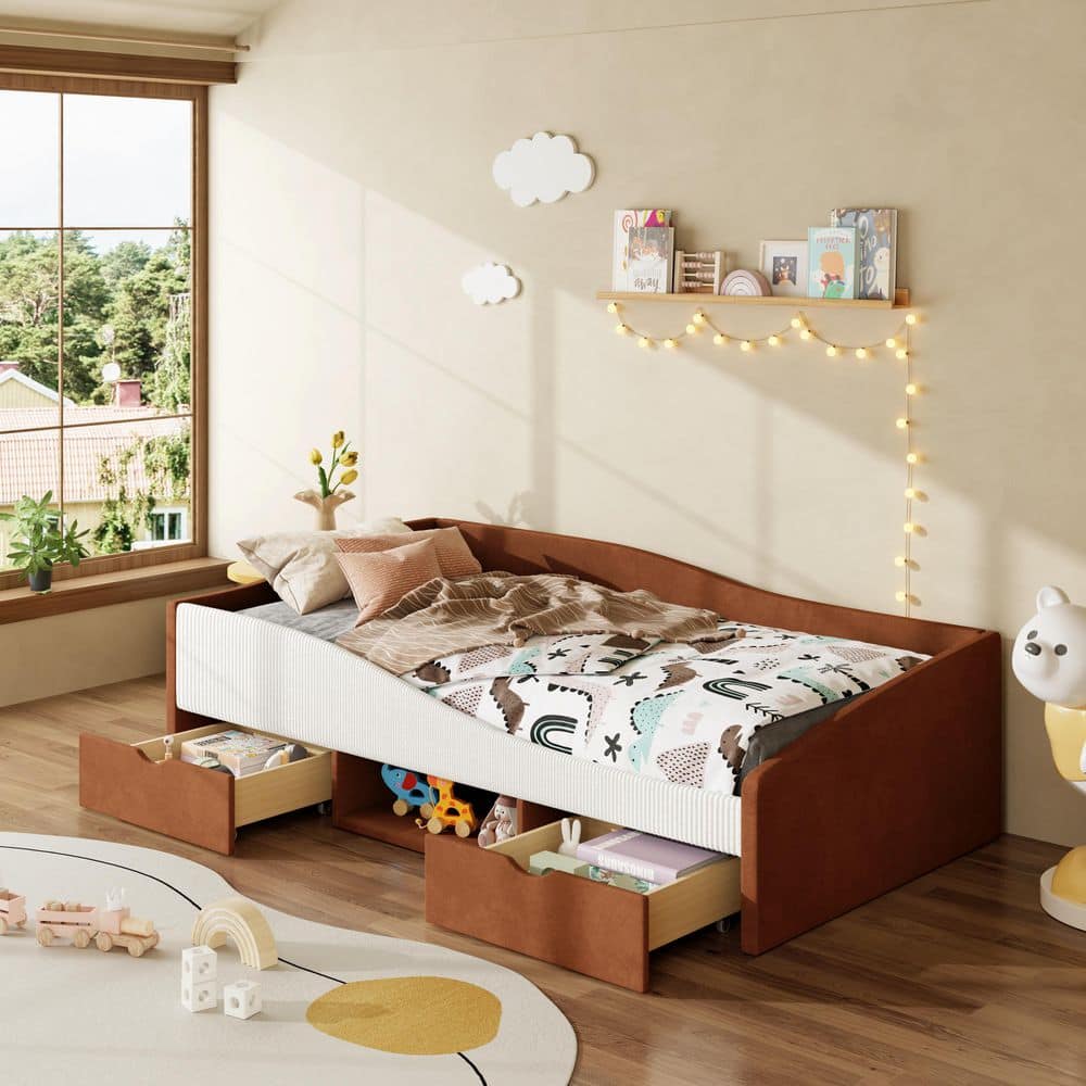 Brown Twin Size Corduroy and Velvet Upholstered Daybed with Safety Guardrails, Padded Storage Shelf and 2 Drawers price history on PriceWatchPro