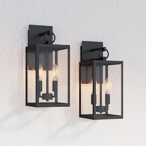 Ferris 16 in. Black Outdoor Wall Sconce Light Fixture, Porch Lantern for Exterior with Iron Frame and Glass (Set of 2)