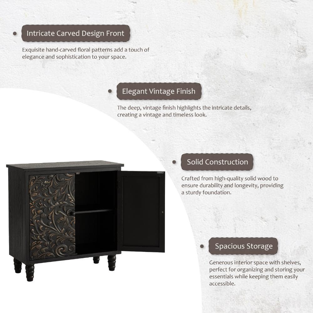 Features of the storage cabinet: carved design, vintage finish, solid construction.