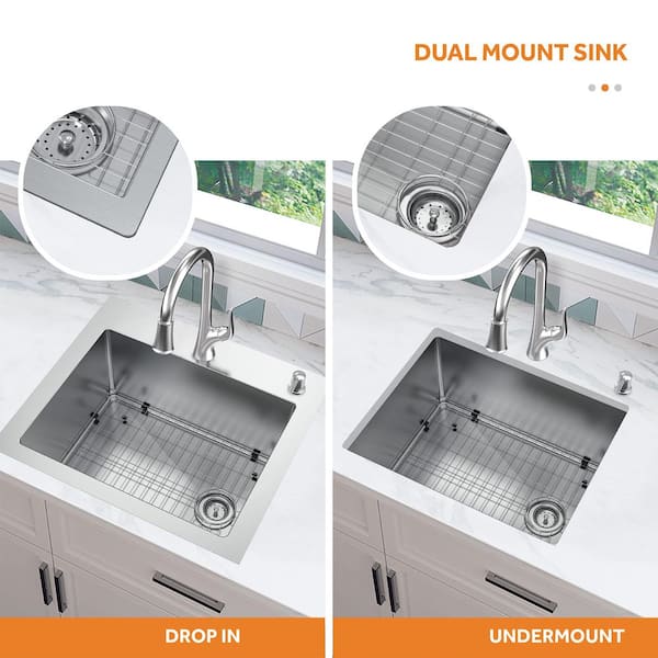 All-in-One Tight Radius Stainless Steel 25 in. 18-Gauge 2-Hole Single Bowl Dual Mount Kitchen Sink with Pull Down Faucet All-in-One Tight Radius Stainless Steel 25 in. 18-Gauge 2-Hole Single Bowl Dual Mount Kitchen Sink with Pull Down Faucet