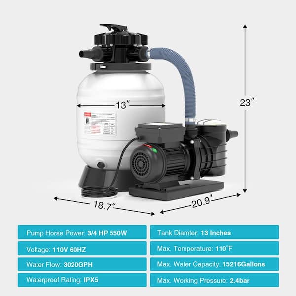 13 in. Sand Filter Pump for Above Ground Pool with Timer, 1.25 sq. ft. Filtration Area, Pool Sand Filter