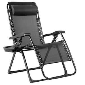 Black Steel Outdoor Folding Zero Gravity Lounge Chair Recliner with Cup Holder Tray Pillow