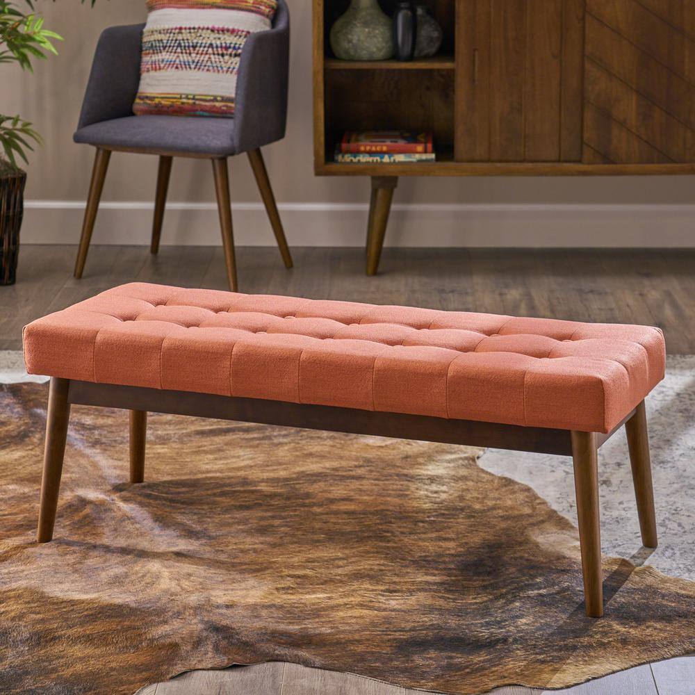Mid-Century Coral Tufted Fabric Ottoman with Walnut Frame