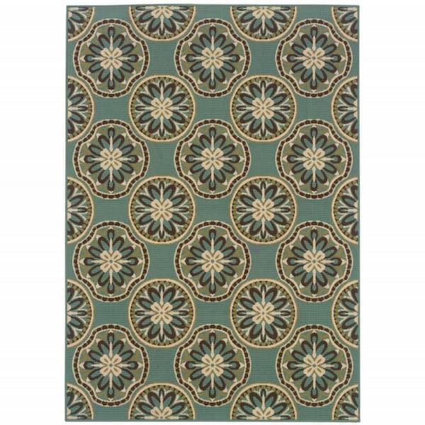 Blue, Ivory 8 ft. x 11 ft. Loomed Floral Polypropylene Rectangle Indoor/Outdoor Area Rug