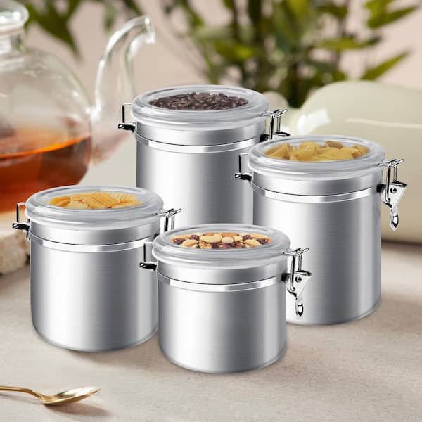 4-Piece Stainless Steel Airtight Food Storage Canister Set with Clear Lid for Kitchen Counter for Sugar, Flour, Tea
