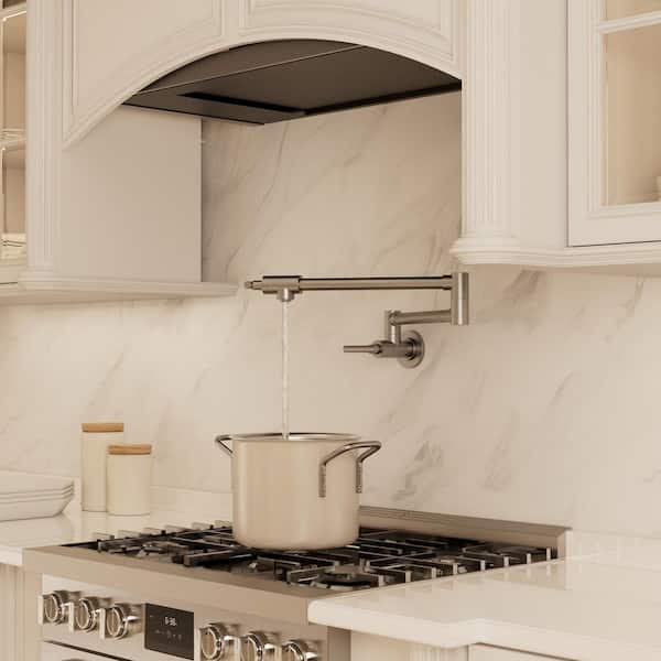 26.4 in. Wall‑Mounted Pot Filler Kitchen Faucet with Dual Handles, 360° Swivel Foldable Spout in Brushed Nickel