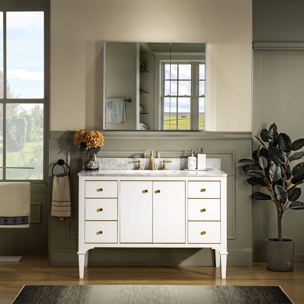 WOODBRIDGE Roma 49 in. W x 22 in. D Bath Vanity in White with Marble Vanity top in Carrara White
