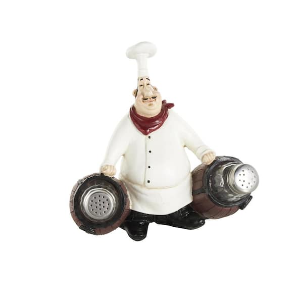 White Polystone Chef Figurine Salt and Pepper Shaker Holder with Wood Barrel Accents