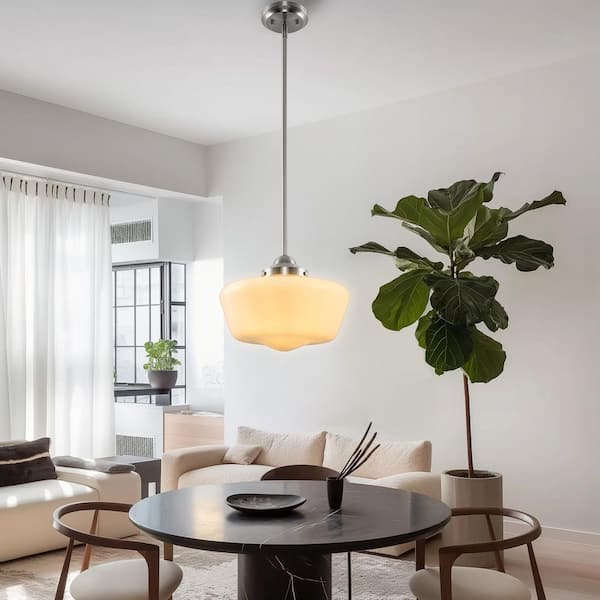 Briignite 60-Watt 1-Light Brushed Nickel Dome Pendant Light with Milk Glass Shade for Dining Room