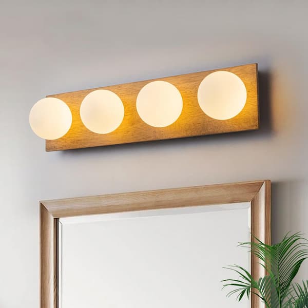 Votos 4-Light 22.8 in. W Dark Oak Vanity Light Wood Flush Mount with Opal Glass Globe Shade for Bathroom