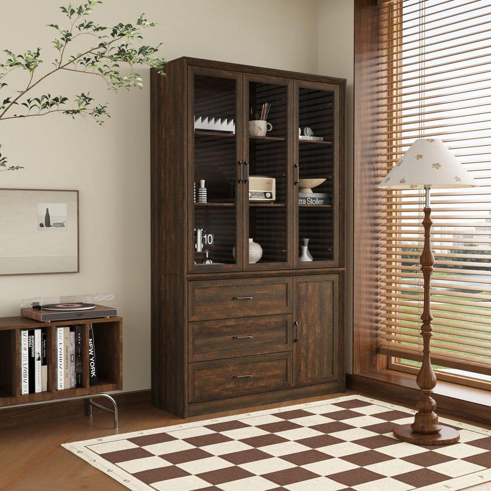 79.6 in. Tall Walnut Finish Wood 8-Shelf Standard Bookcase with Glass Doors, 3 Drawers