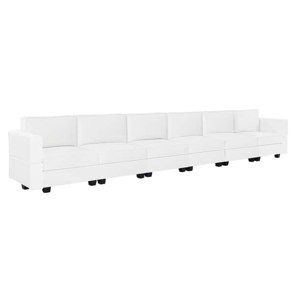 MAYKOOSH 164.38 in. W Faux Leather 6-Seater Living Room Modular Sectional Sofa for Streamlined Comfort in White