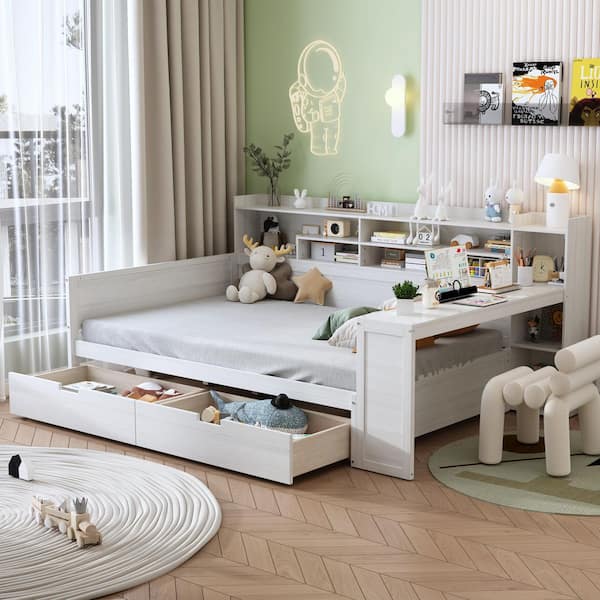Harper & Bright Designs Antique White Multi-Functional Full Size Wood Daybed with Storage Shelves, 2-Drawers and Study Desk