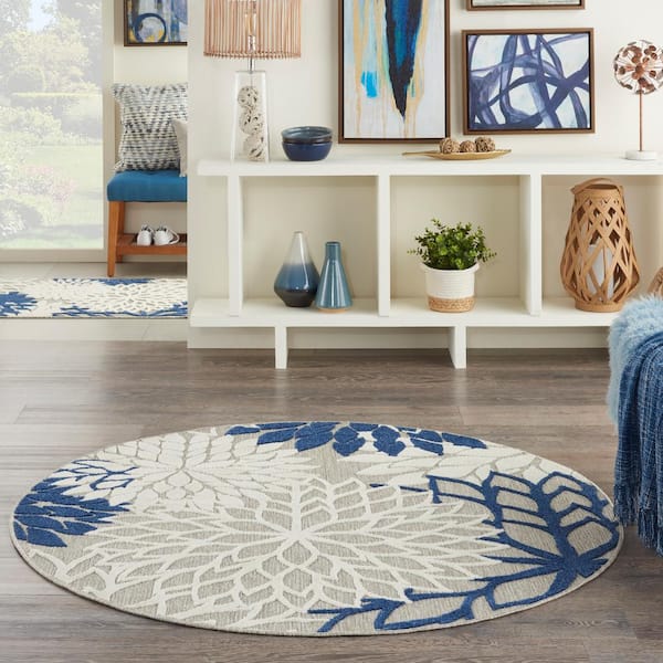 4' Round Ivory And Blue Round Floral Indoor Outdoor Area Rug 4' Round Ivory And Blue Round Floral Indoor Outdoor Area Rug