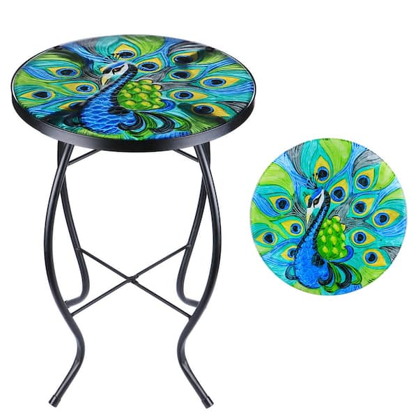 MUMTOP 14 in. Patio Side Outdoor Coffee Round Table for Living Room, Peacock, Glass Metal Side Table