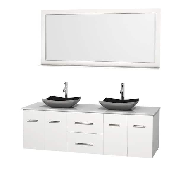 Wyndham Collection Centra 72 in. Double Vanity in White with Solid-Surface Vanity Top in White, Black Granite Sinks and 70 in. Mirror