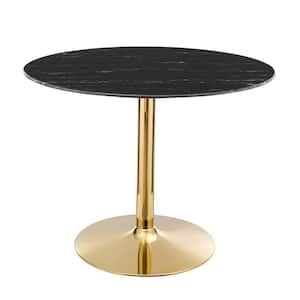 Verne 40 in. Round Artificial Marble Dining Table Black Wood Top with Gold Metal Base