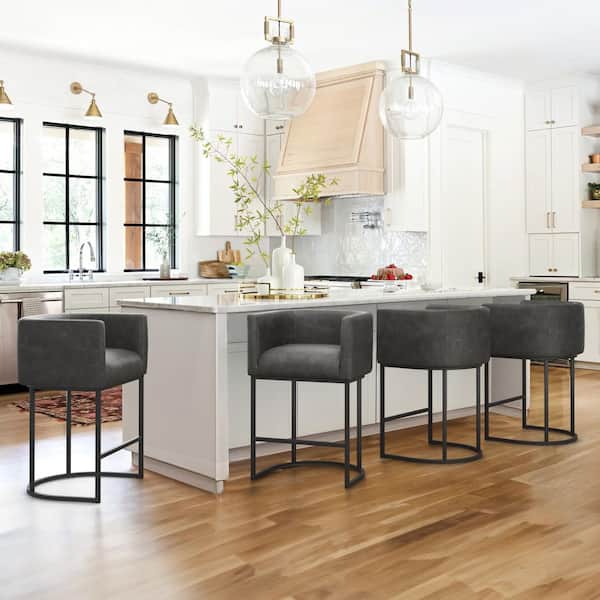 LUE BONA 26 in. Black Gray Low Back Bar Stool with Metal Frame Counter Height Faux Leather Upholstered Counter Stool (Set of 4)