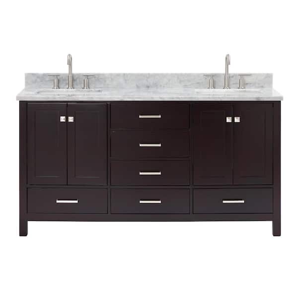 Cambridge 66 in. Double Sink Freestanding Bathroom Vanity in Espresso with Carrara White Marble Top
