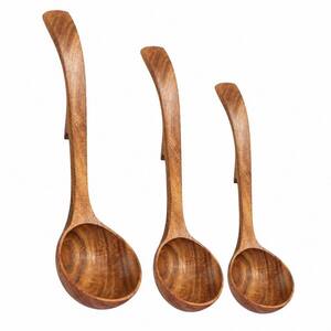 3-Piece Wooden Ladle Spoon with Back Hooks for Cooking, Serving, Stirring, Heat Resistant, Non-Stick, Comfortable Grip