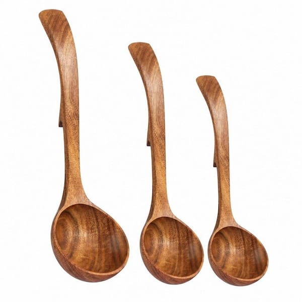 3-Piece Wooden Ladle Spoon with Back Hooks for Cooking, Serving, Stirring, Heat Resistant, Non-Stick, Comfortable Grip