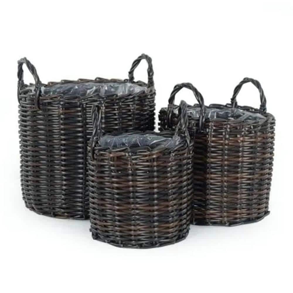 Outdoor Plastic (Set of 3) Multi-Purposes Basket  Handler-Hand Woven Wicker