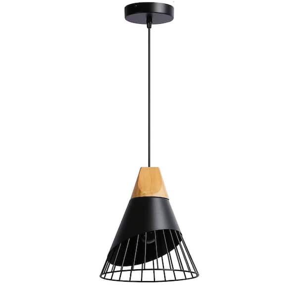 45 in. 1-Light Badminton Dome Pendant Table Lamp with Black Cage Shade, Industrial Adjustable Height Wood Chandelier