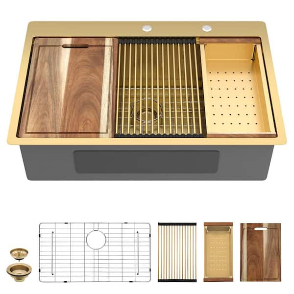 36 in. Drop-In Single Bowl Workstation Golden Kitchen Sink,16-Gauge Stainless Steel with Rounded Corners and Accessories