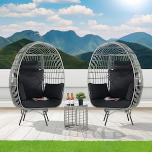 3-Piece Patio Wicker Swivel Outdoor Bistro Set with Side Table, Oversized Egg Chair with Black Cushions