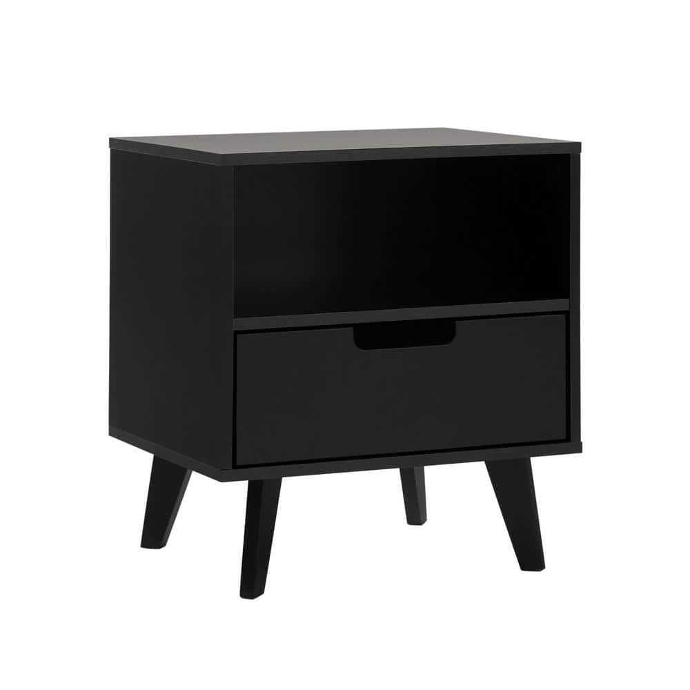 Black MDF 1-Drawer Nightstand with Open Cubby