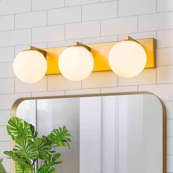 Lucie 24.41 in. 3-Light Brass Mid-Century Modern Bathroom Bar Vanity Light with Milk Opal Glass Shades