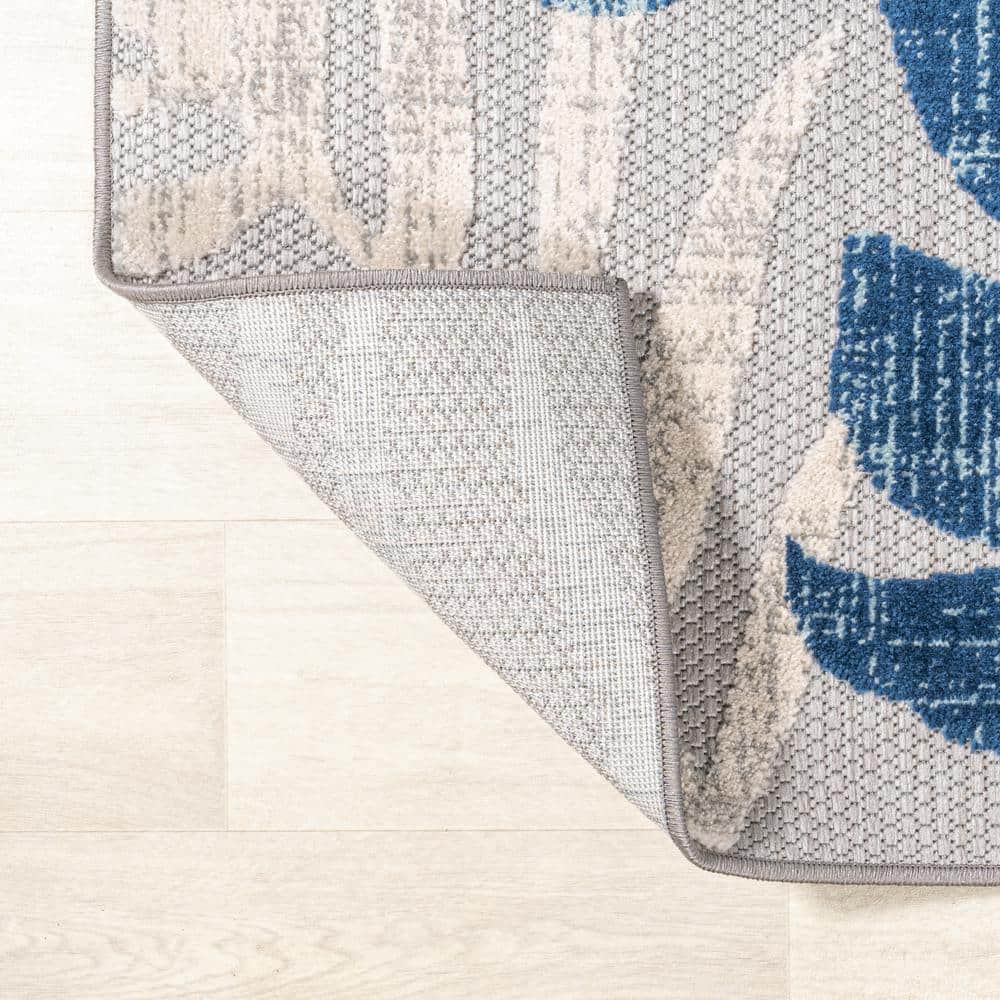 Light Gray and Navy Tropical Leaf Runner Rug, 2'-3" x 8', Synthetic