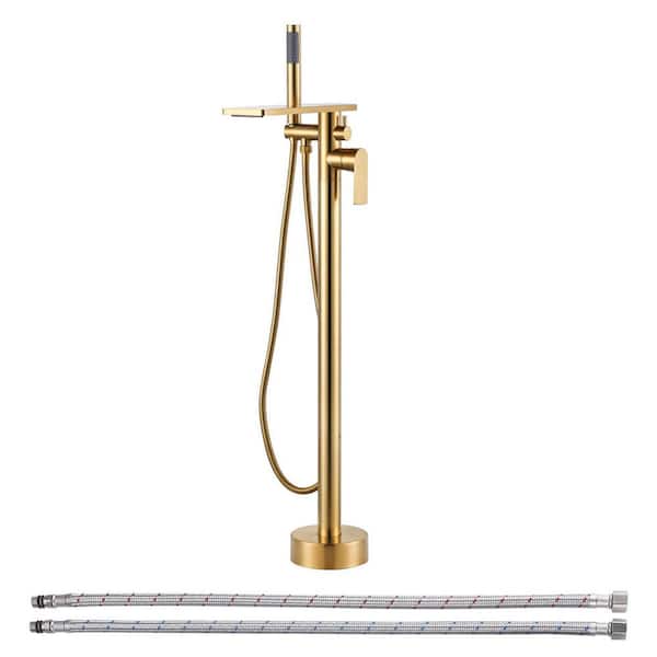 Single Handle Floor Mount Brass Waterfall Claw Foot Tub Faucet Free Standing Bathtub Filler with Hand Shower in Gold