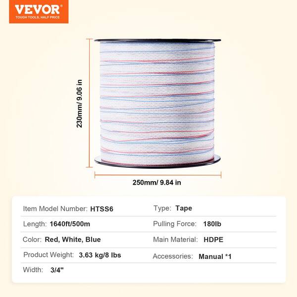 VEVOR Electric Fence Tape, 1640 ft. 500 M Polytope Fencing Hot Wire, 3/4 in. Width 6 Stainless Steel Strands for Conductivity