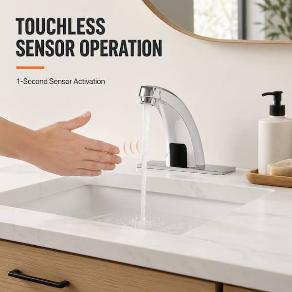 Automatic Sensor Touchless Single Hole Bathroom Sink Faucet with Deck Plate in Polished Chrome