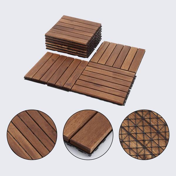 12 in. x 12 in. Striped Pattern Outdoor Acacia Wood Interlocking Deck Tiles in Brown (10-Pieces)