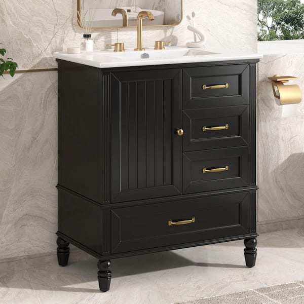 30 in. Freestanding Black Solid Wood Frame Bath Vanity with White Ceramic Top, Adiustable Foot Pads