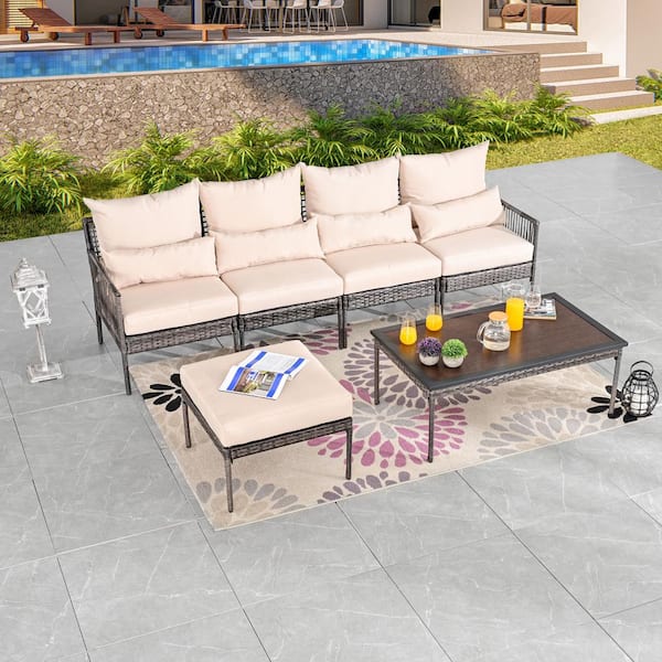 Patio Festival 6-Piece Wicker Outdoor Conversation Set with Beige Cushions