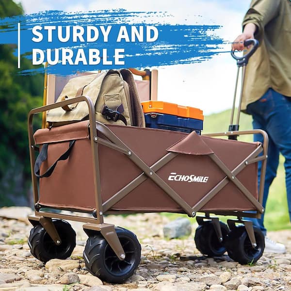 Tunearary 7 cu. ft. Outdoor Metal Brown Collapsible Camper Garden Cart with Non-Slip Wheels and Adjustable Handle