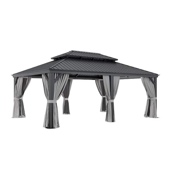 Sizzim 20 ft. x 14 ft. Outdoor Double Roof Hardtop Gazebo with Gutters, Aluminum Frame, Ceiling Hook, Netting and Curtains