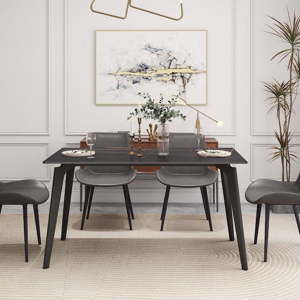 55 in. Black Sintered Stone with Black Metal 4-Legs Dining Table (Seats-4)