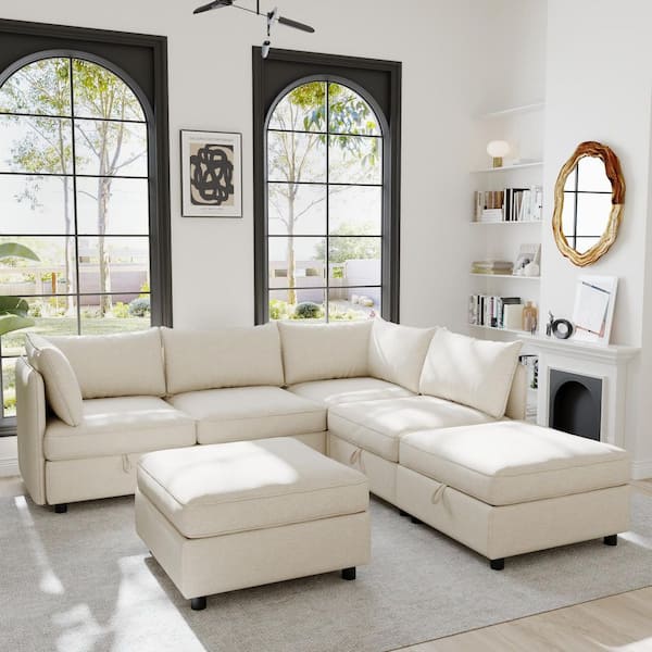 Willow 129 in. Chenille Modular Sectional Sofa in Beige + Black with 2 Storage Ottoman Storage for Small Spaces